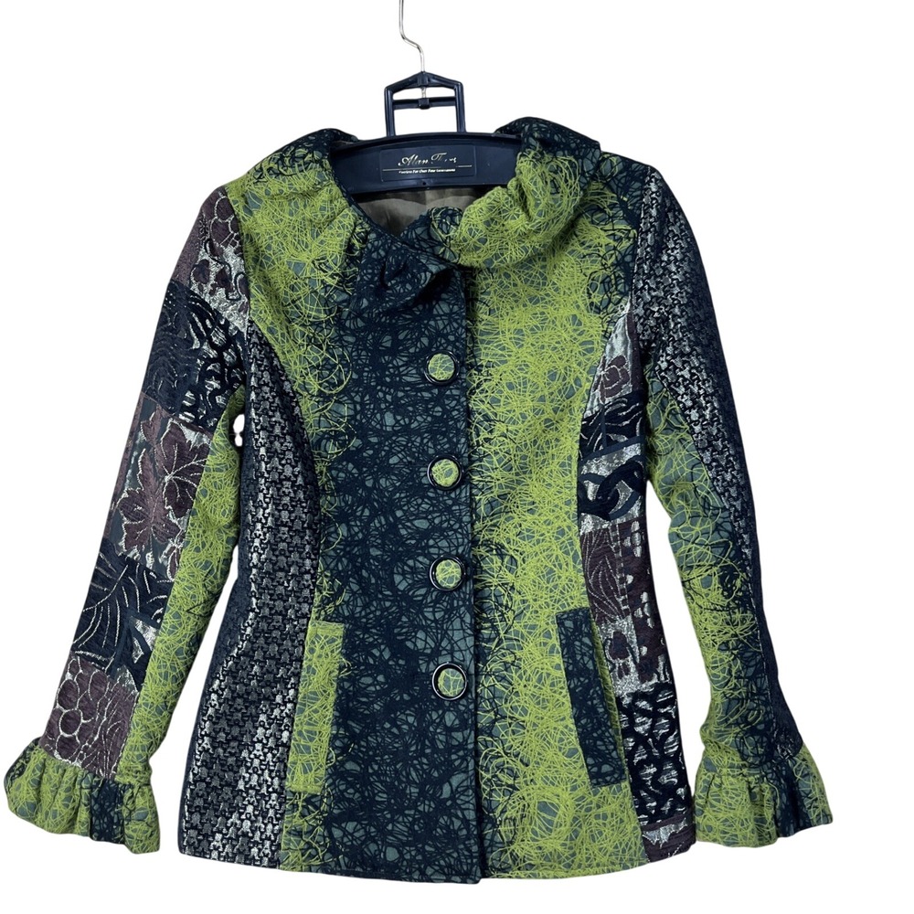 Lindi Jacket‎ Womens S Green Black Silk Blend Art to Wear Patchwork Ruffle Cuff